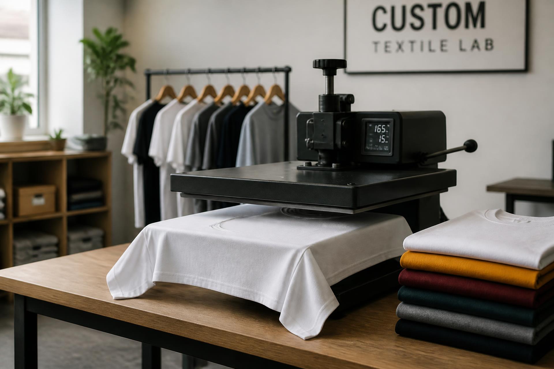 Atelier de personnalisation textile AYCLIS avec presse à chaud et t-shirts